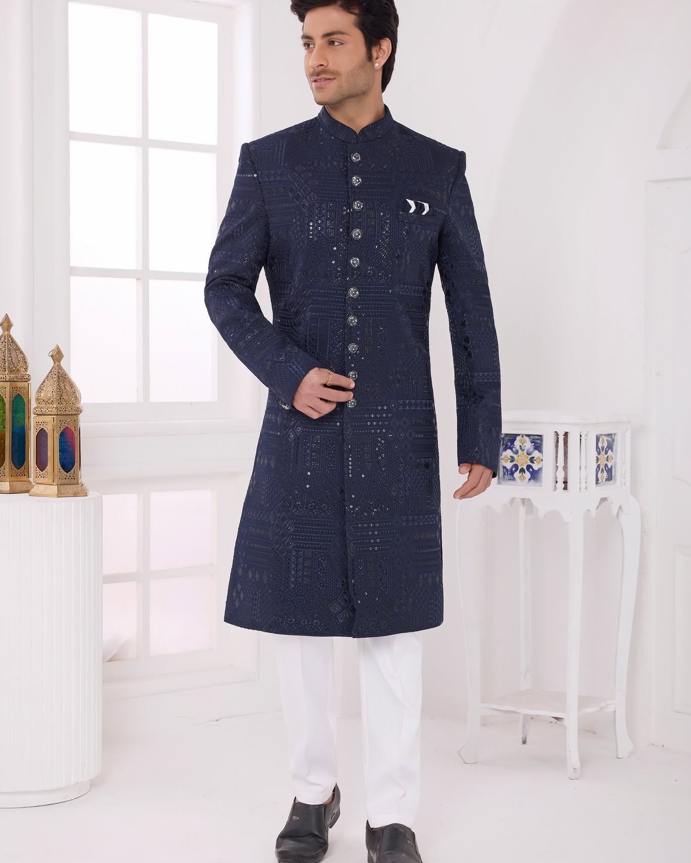 Make a grand style statement with this elegant Navy Blue Designer Indo Western Jacket Set